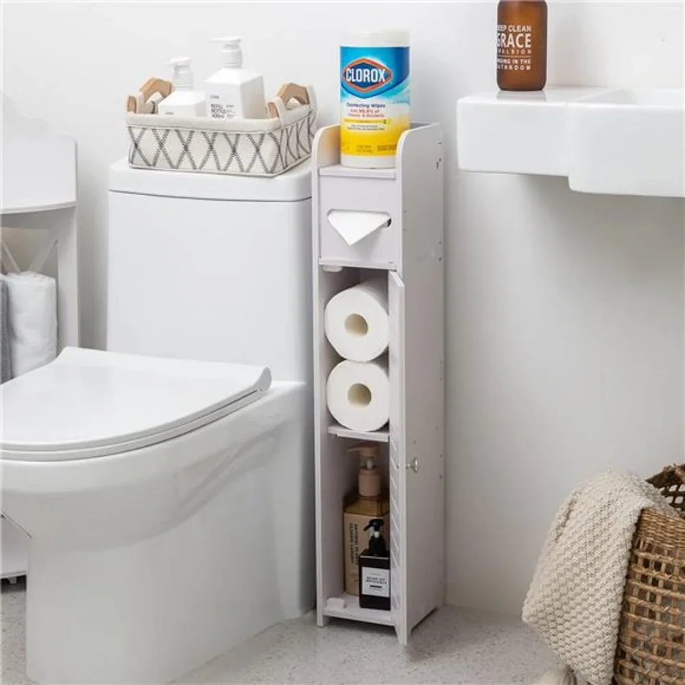 Small Bathroom Storage Corner Floor Cabinet with Doors and Shelves, White